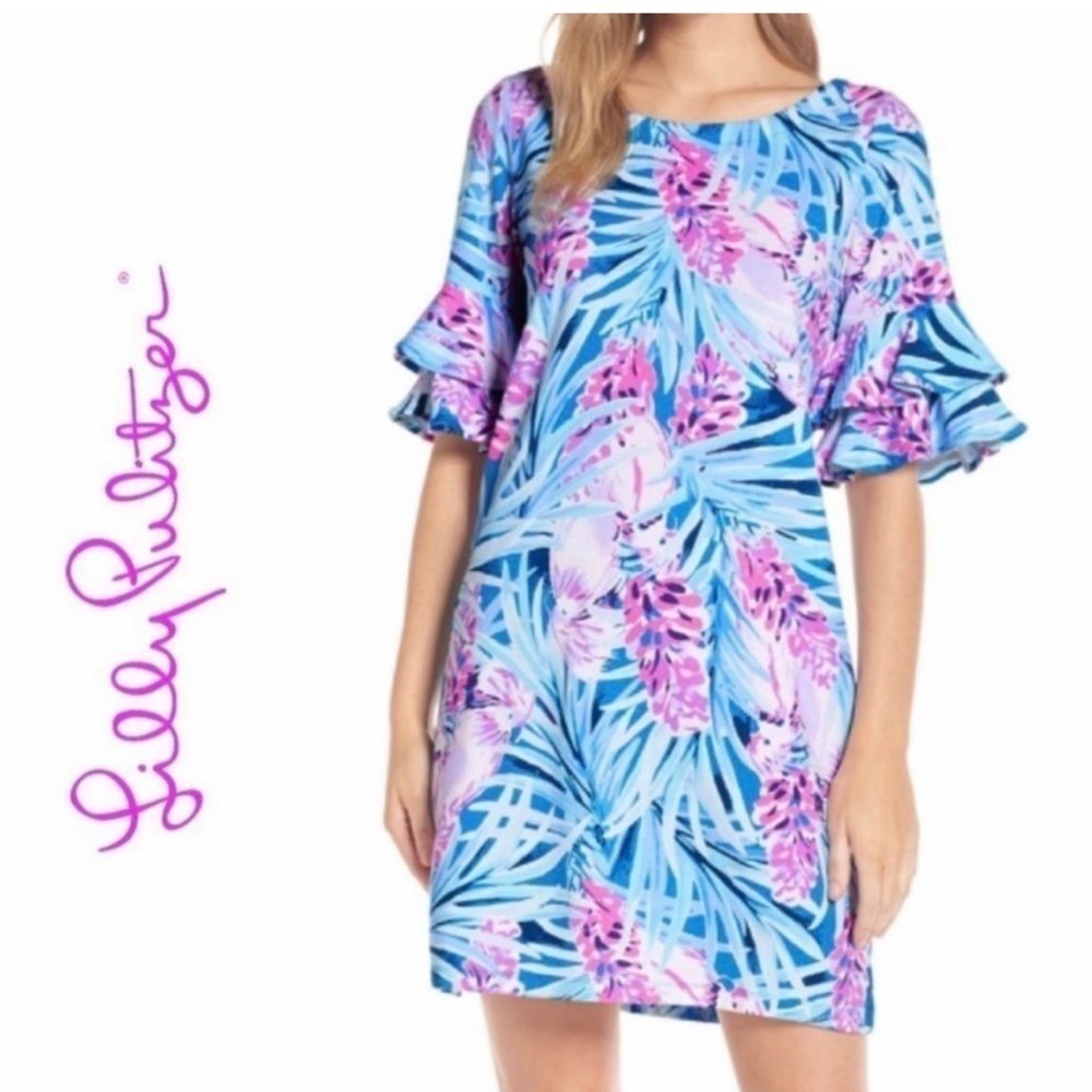 Lilly Pulitzer Lula Shift Dress Mister Pink Floral Birds Ruffle Sleeve size XS